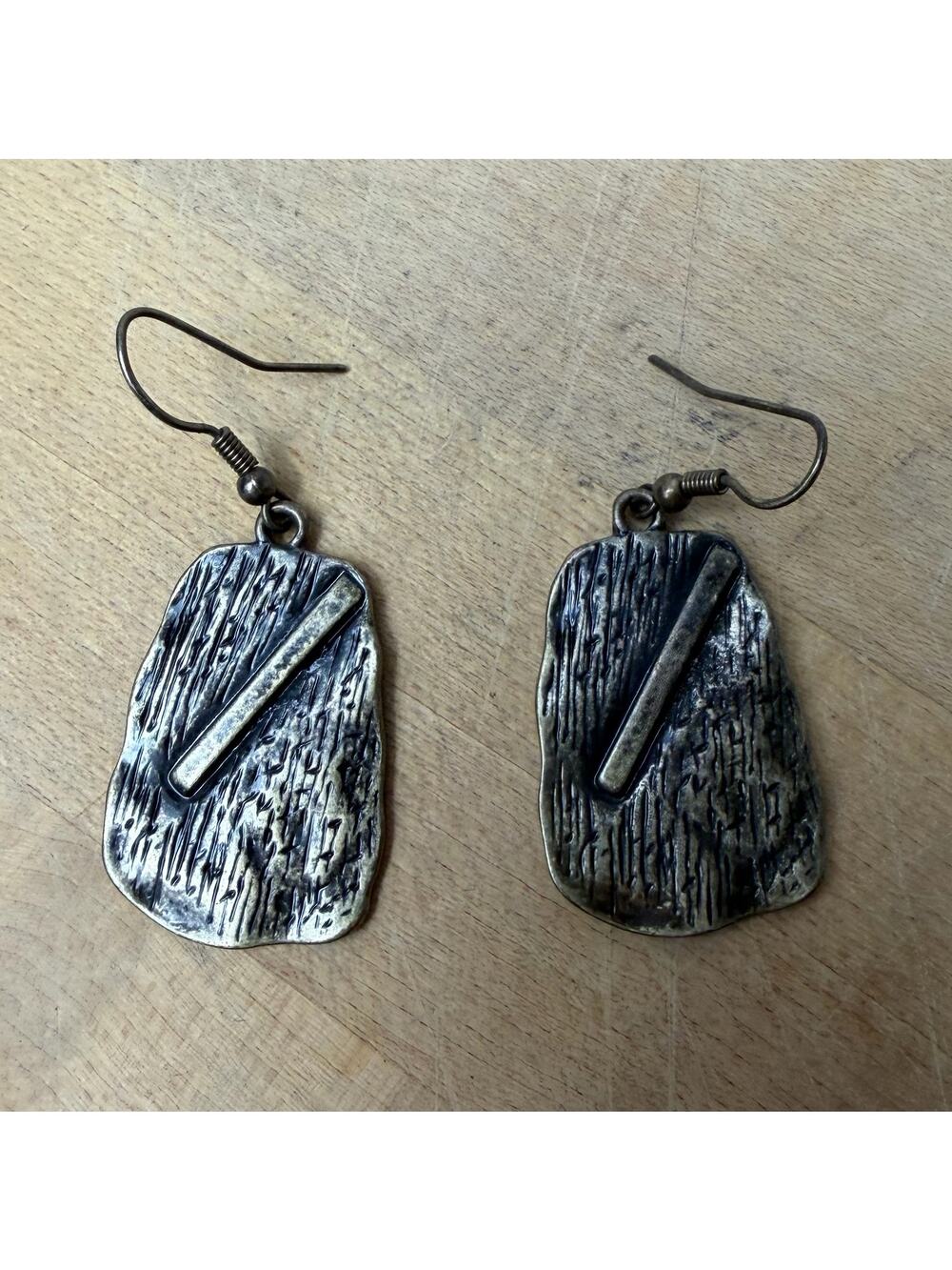 VTG Brutalist Drop Earrings Oxidized Metal Textured Shield Dangle 1970s